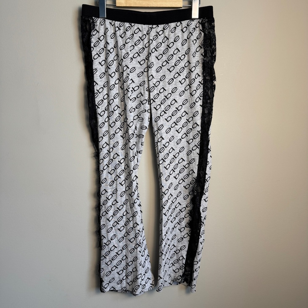 Bebe Sleepwear Womens Logo Print Pajama Pants Gray Black Lace Trim Medium Lounge